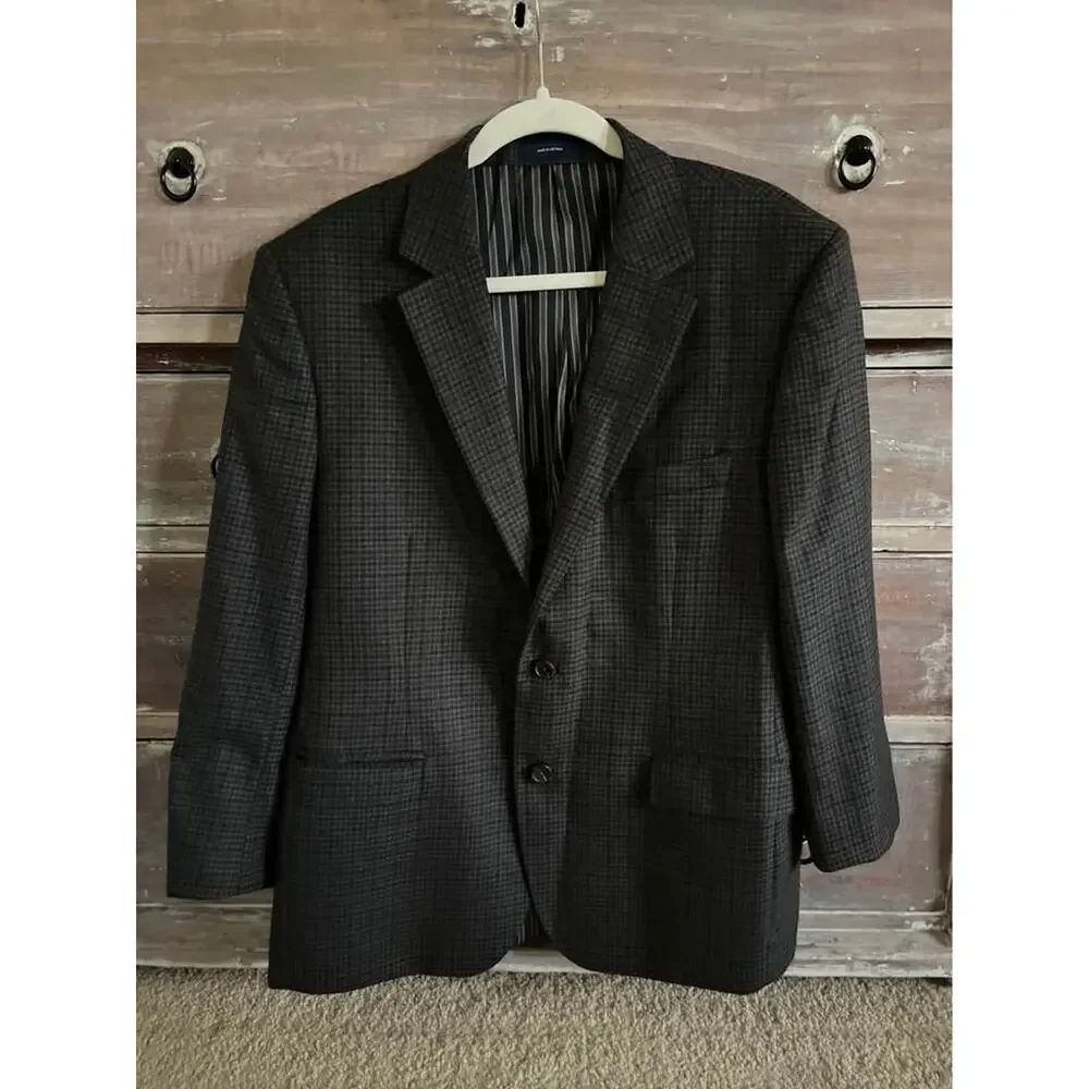 Men’s Stafford Herringbone Plaid Blazer Elbow Patch Wool Classic 42S Brown Navy